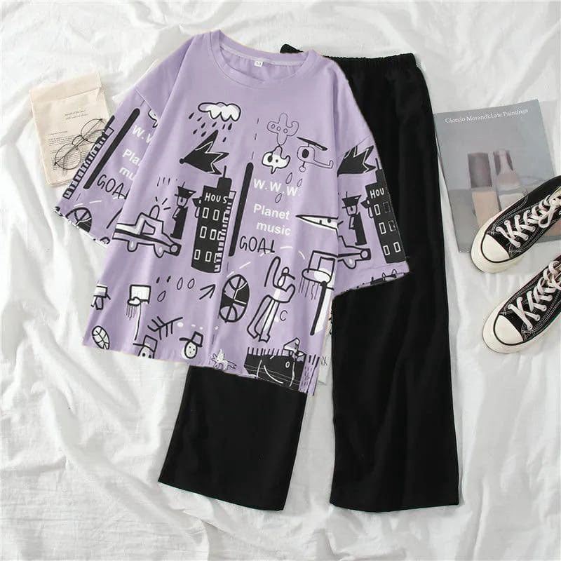 Purple Planet printed night suite