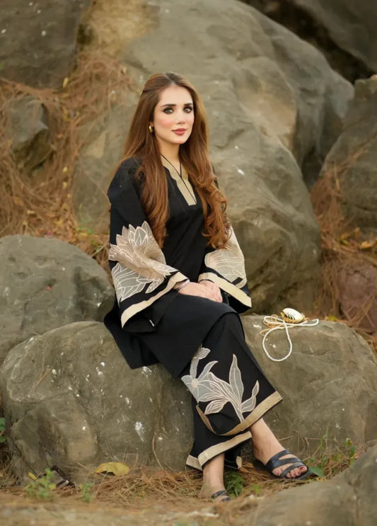 Cross stitched embraided plazo 2pc