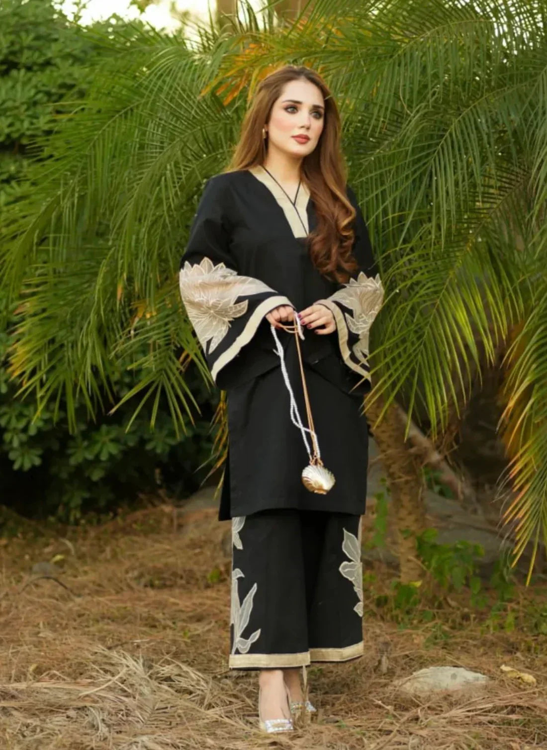 Cross stitched embraided plazo 2pc