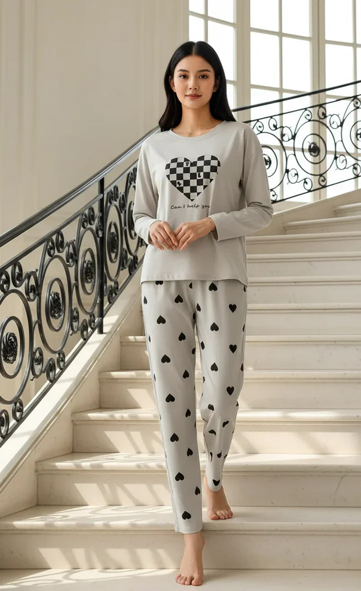 Checked Heart printed NIght Suite