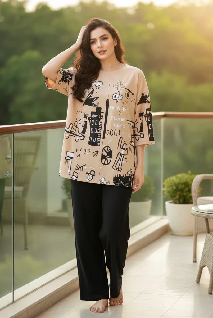 Planet printed Brown Night Suite